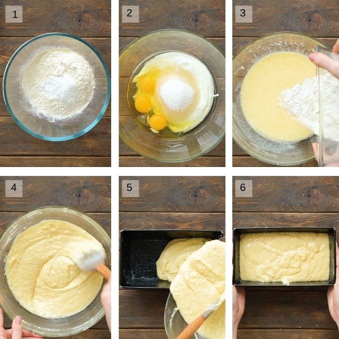 Six Photo Collage showing steps of mixing batter for lemon coconut cake and pouring it into a loaf pan.