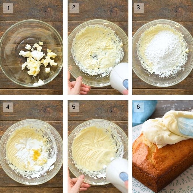 Six Image Collage showing steps of adding ingredients to glass bowl and mixing with hand mixer, then frosting loaf cake with lemon cream cheese frosting.