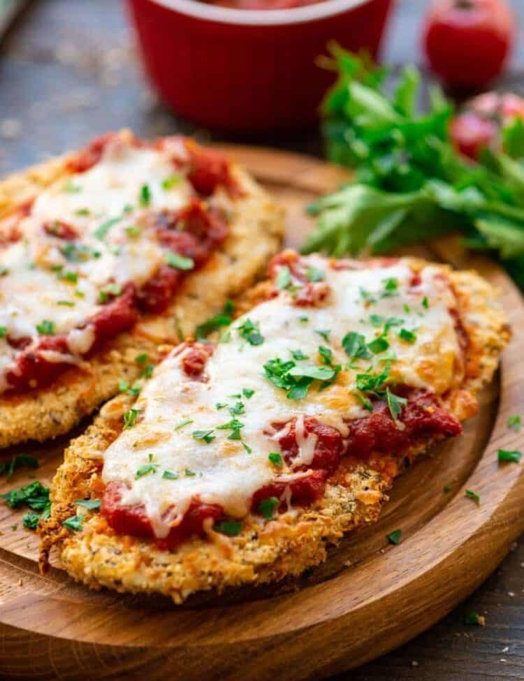 Easy Chicken Parmesan on brown platter