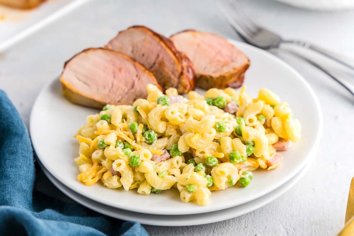 White plate with macaroni salad and slice of pork