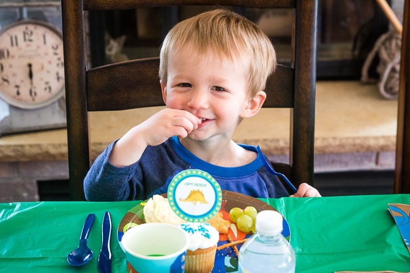 Child eating at a dinosaur themed birthday party