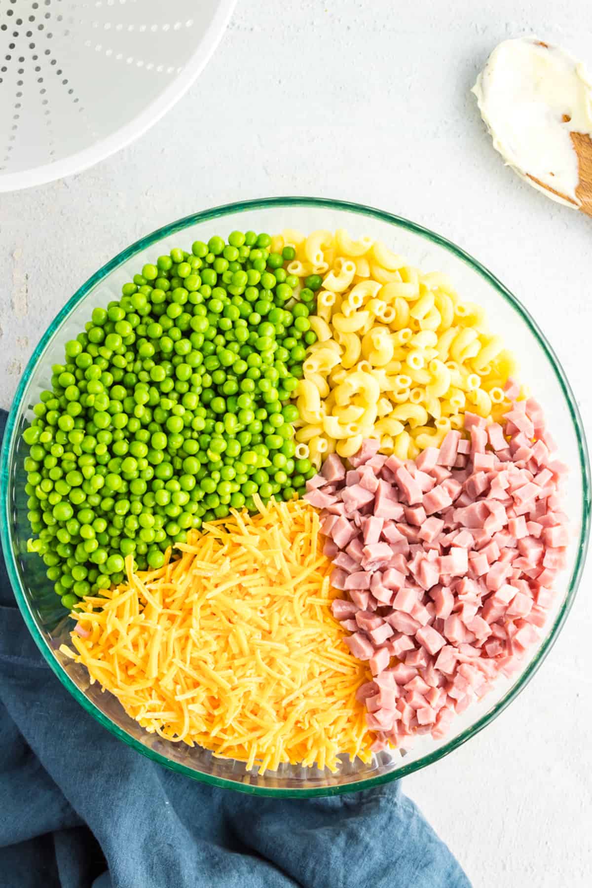 Ingredient sin bowl for the best macaroni salad