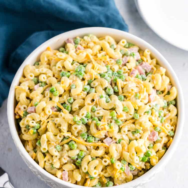 White bowl with prepared macaroni salad