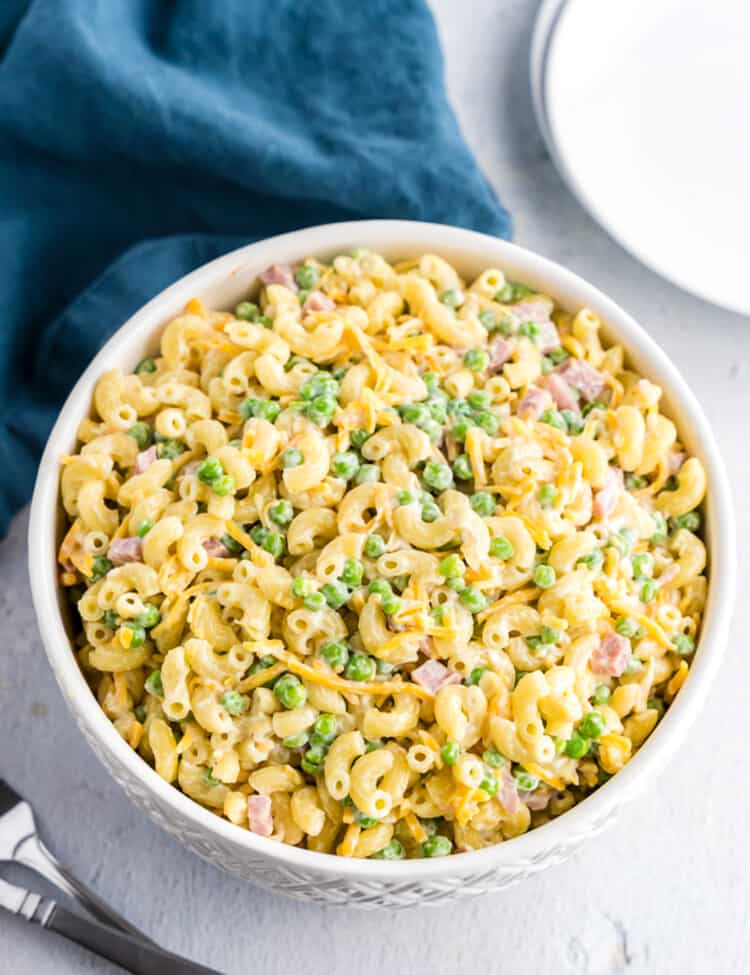 White bowl with prepared macaroni salad