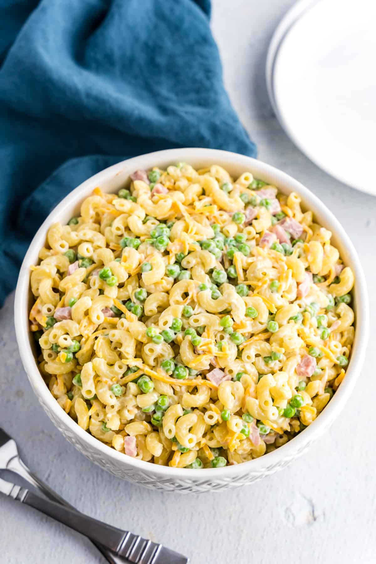 White bowl with prepared macaroni salad