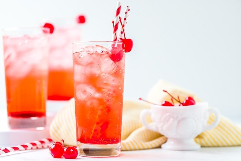 Glass filled with Shirley Temple Recipe