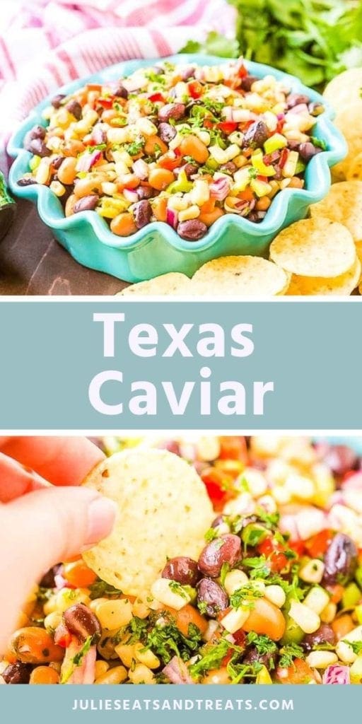 Collage with top image of texas caviar in a blue bowl, middle blue banner with white text reading texas caviar, and bottom image of hand dipping a tortilla chip into dip