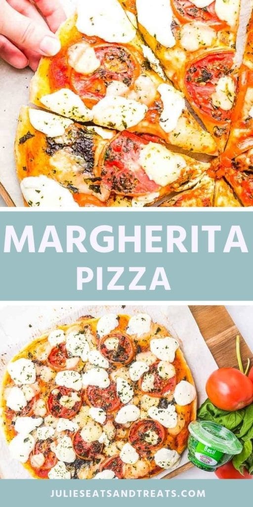 Collage with top image of a prepared margherita pizza sliced, middle blue banner with white text reading margherita pizza, and bottom image of uncooked margherita pizza on wax paper