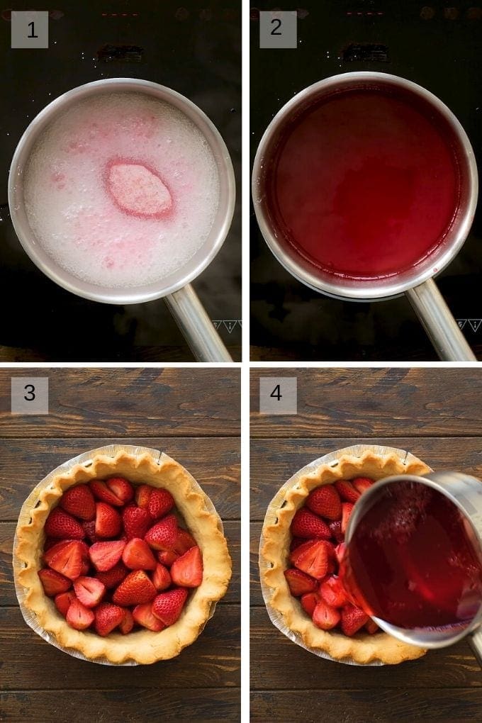 Collage of four pictures showing making strawberry jello and pour over strawberries in pie crust