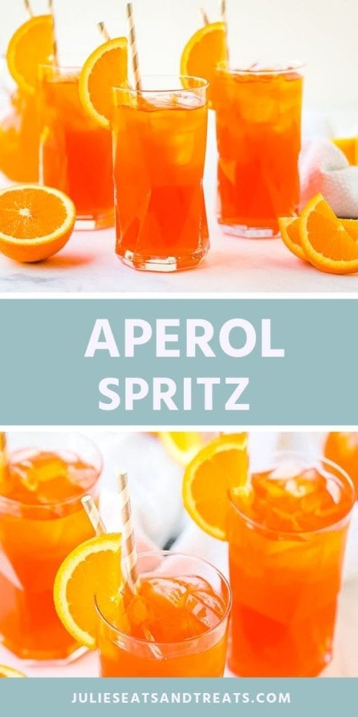 Collage with top image of three aperol spritz drinks in glasses with orange slices, middle blue banner with white text reading aperol spritz, and bottom image overhead of three glasses of aperol spritz with straws