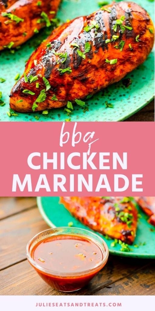 Collage with an image of grilled bbq chicken breasts on a green plate, a small glass bowl of sauce, and a banner reading BBQ Chicken Marinade