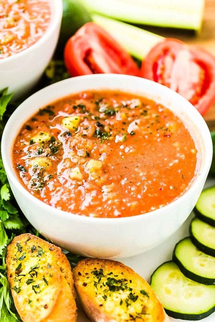 Gazpacho in white bowl