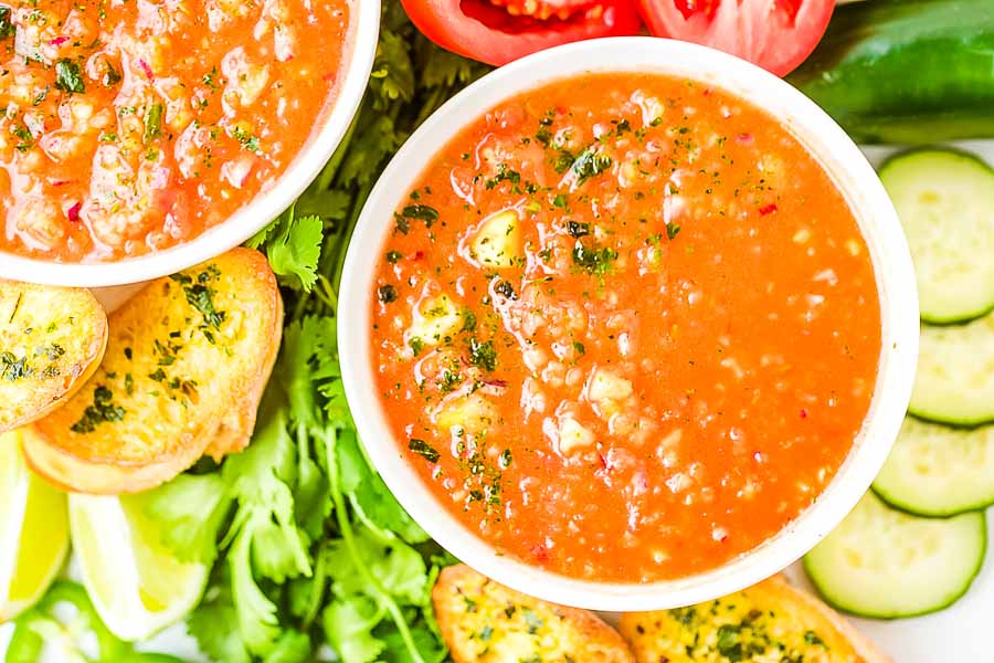 Gazpacho Soup Recipe prepared in white bowl