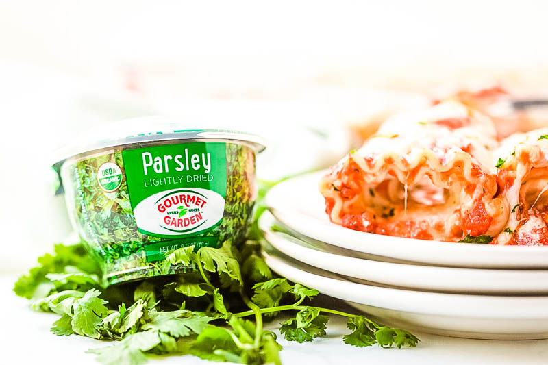 Lasagna Roll Ups with parsley container