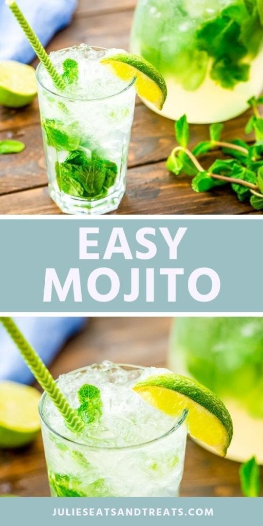 Collage with a top image of a mojito in a glass with mint leaves and a lime wedge, middle blue banner with white text reading easy mojito, and bottom image of a glass of mojito with a lime wedge and green straw