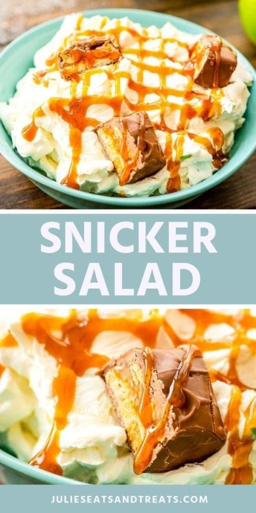 Collage with top image of snicker salad topped with chunks of snicker bar and caramel sauce, middle blue banner with white text reading snicker salad, and bottom image of snicker salad in a blue bowl