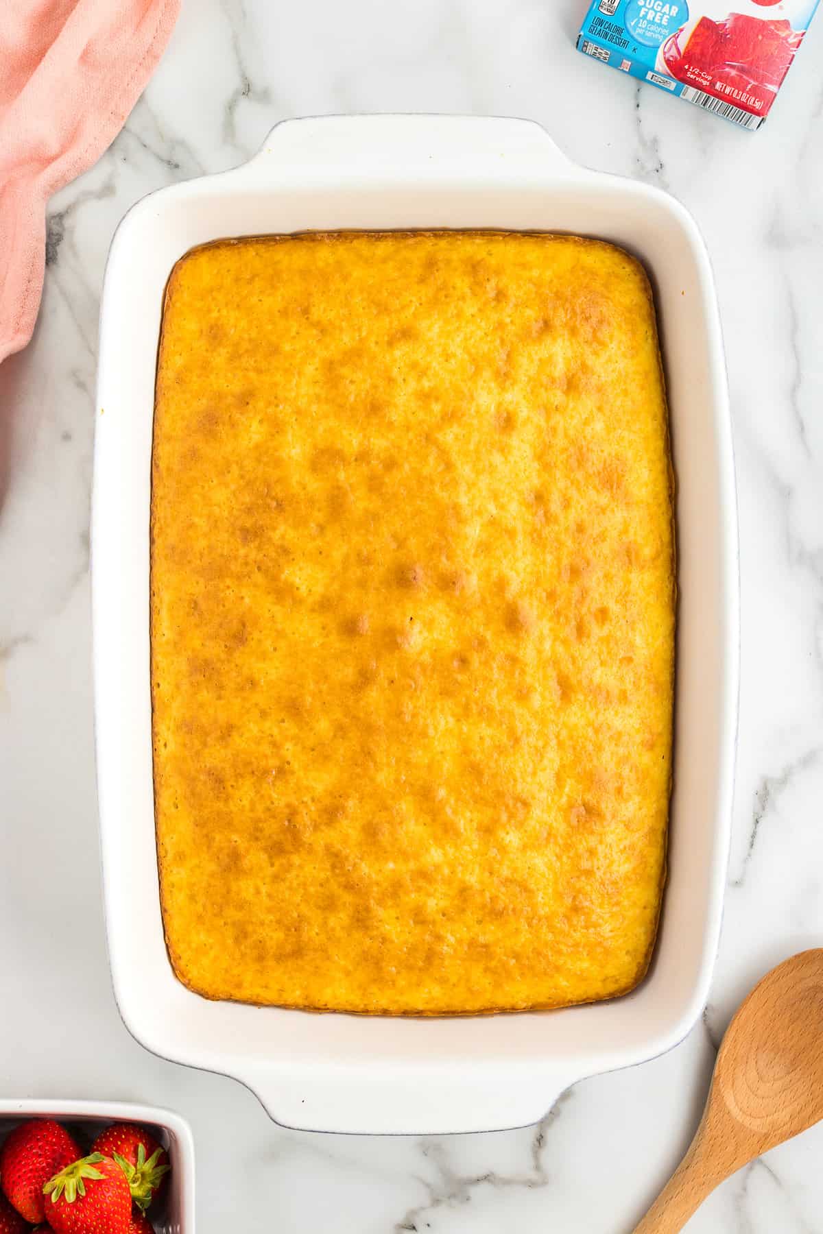 Baked cake in baking dish