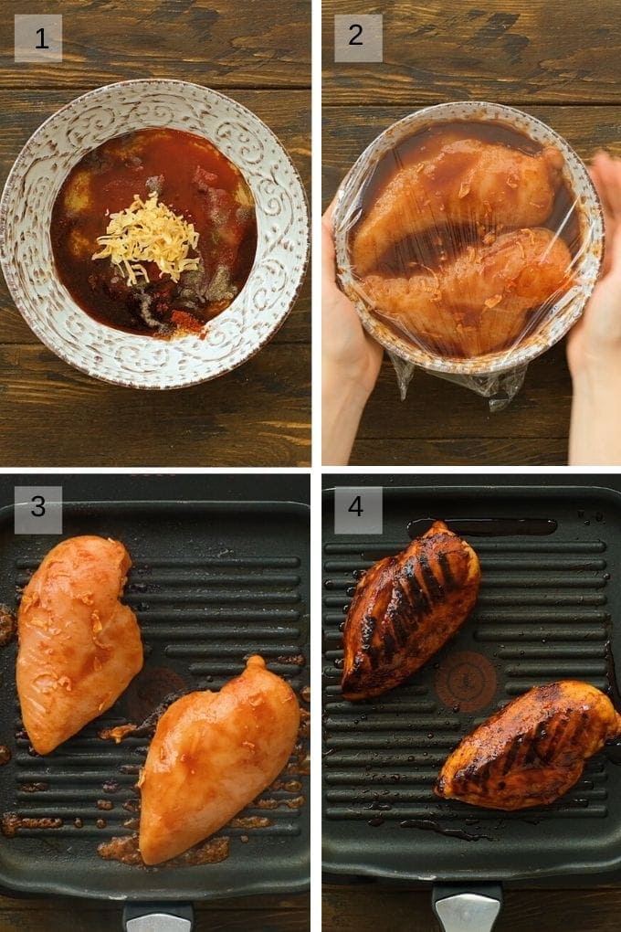 Four image collage showing bowl with marinade ingredients then bowl with chicken and marinade then grilling chicken on grill pan