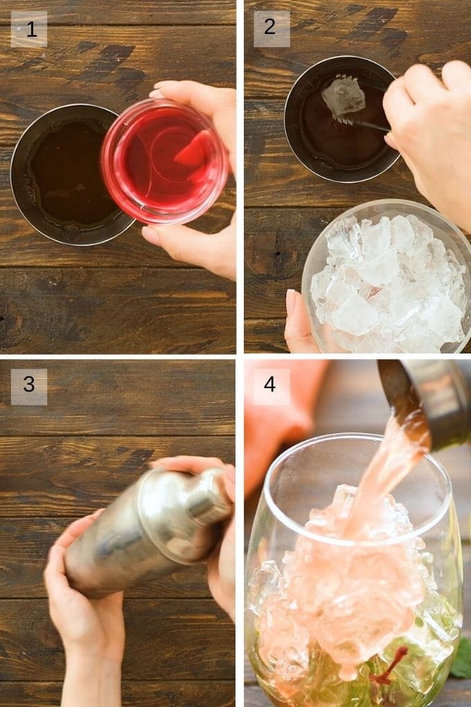 Collage of four image showing pouring alcohol into cocktail shaker, adding ice to it, shaking it and pouring it into a glass over ice.