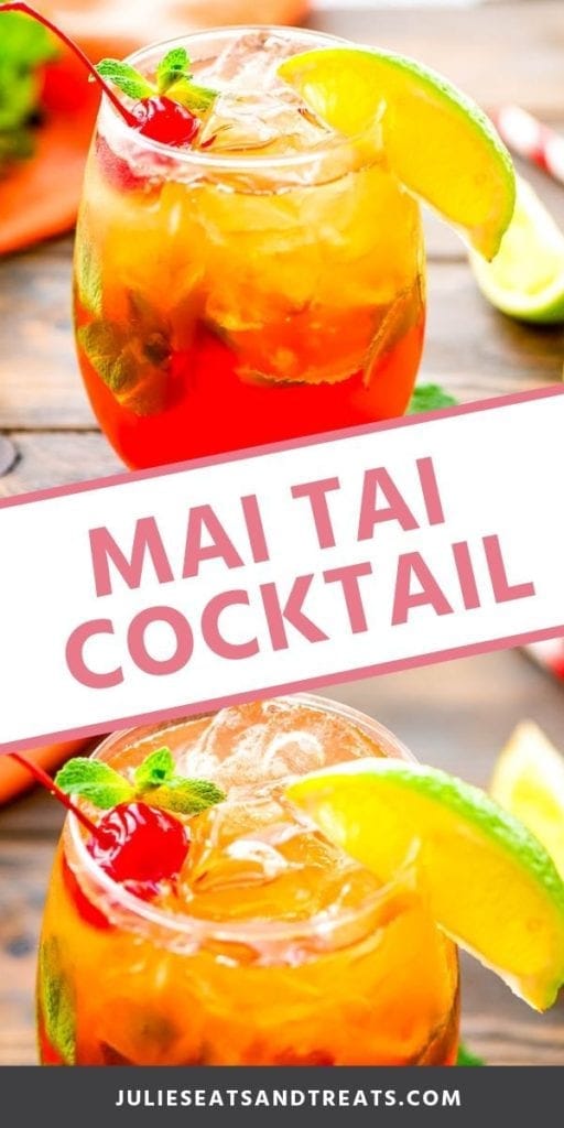 Collage with top image of a mai tai in a glass with a lime wedge and cherry, middle banner with pink text reading mai tai cockatil, and bottom image up close of the rim of a mai tai cocktail in a glass