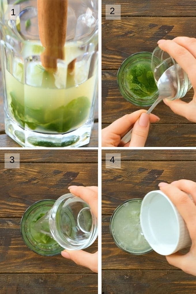 Collage of 4 images showing how to make mojito including muddling mint and adding alcohol and simple syrup.