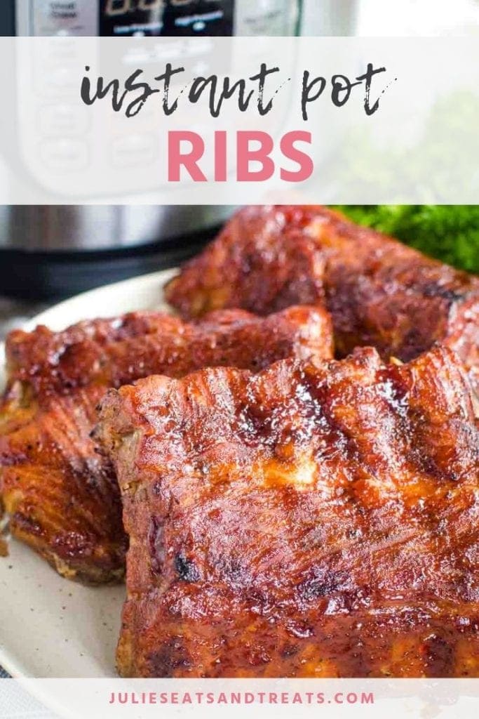 Instant pot ribs on a plate in front of the instant pot