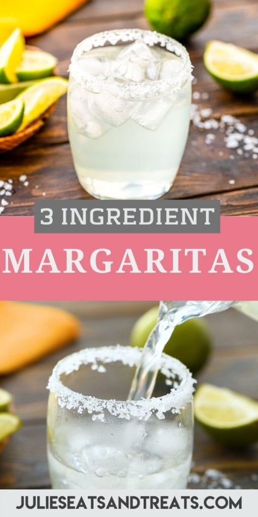 Pinterest Image for Margaritas. Top photo is of a glass of margarita, text overlay in middle with pink and gray background in middle and a photo of a margarita being poured on the bottom.