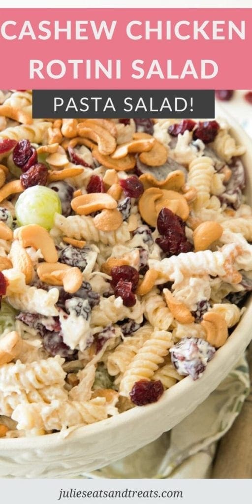 Cashew Chicken Rotini Salad in a white bowl