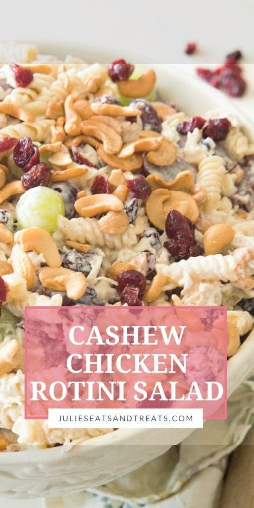 Cashew Chicken Rotini Salad in a white mixing bowl