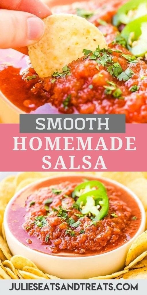 Pin Image for Homemade Salsa with top image showing a chip dipping into salsa, text overlay with recipe name in the middle and bottom photo showing a bowl of salsa.