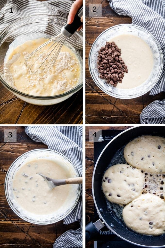 Four Image collage showing batter being mixed in glass bowl, chocolate chips added to batter, then mixed into batter and pancakes in skillet being cooked