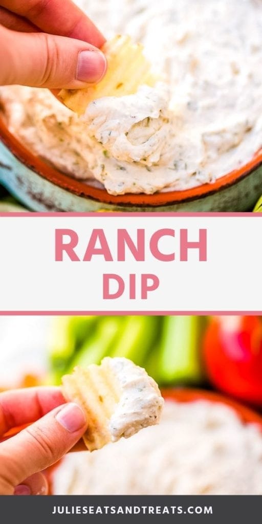 Collage with top image of a chip being dipped into a bowl of ranch dip, middle banner with pink text reading ranch dip, and a bottom image of ranch dip on a potato chip a hand is holding