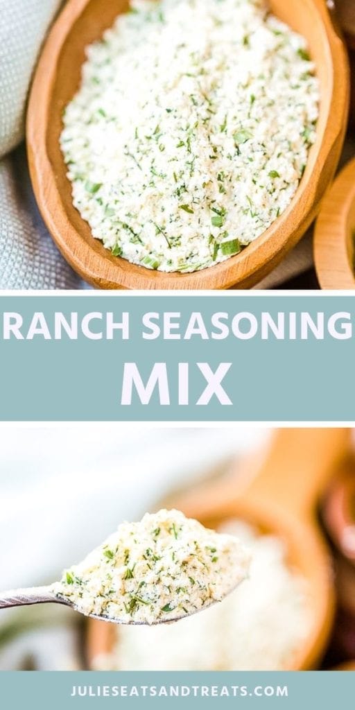 Collage with ranch seasoning in a wood bowl, middle blue banner with white text reading ranch seasoning mix, and bottom image of ranch seasoning in a spoon