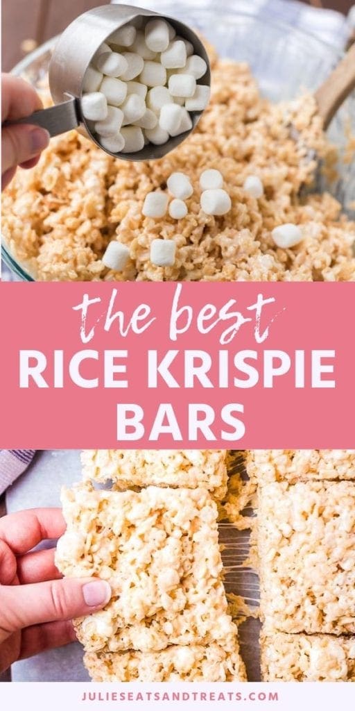 Collage with top image of marshmallows being poured into a bowl of rice krispies, pink middle banner with white text reading the best rice krispie bars, and bottom image of a hand pulling a rice Krispie bar away from more bars