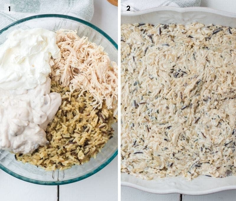 Two Image collage showing how to prepare Chicken and Wild Rice Casserole