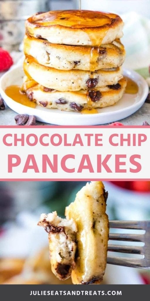 Pinterest image with a stack of pancakes photo on top, text overlay of Chocolate Chip Pancakes in middle and photo of a fork with pancake on it on the bottom