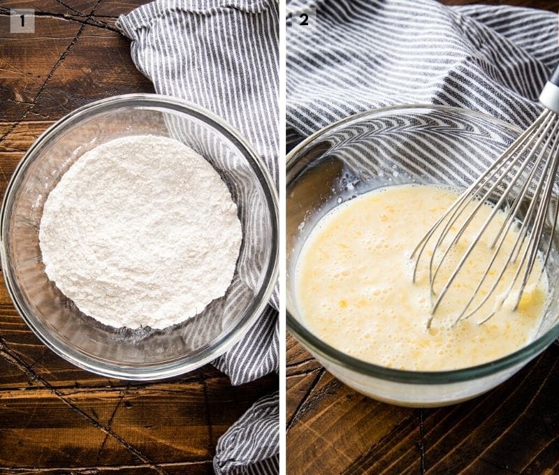 Collage of two photos one showing dry ingredients in glass bowl and another another one showing wet ingredients mixed in glass bowl