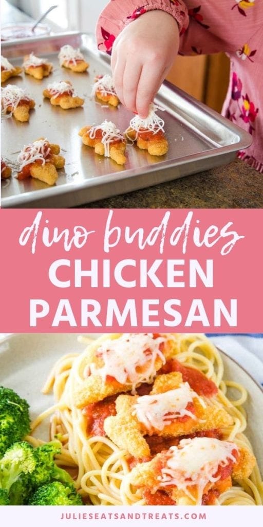 Collage with top image of dino buddies on a baking sheet topped with sauce and shredded cheese, pink middle banner with white text reading dino buddies chicken parmesan, and bottom close up image of dino buddies over pasta