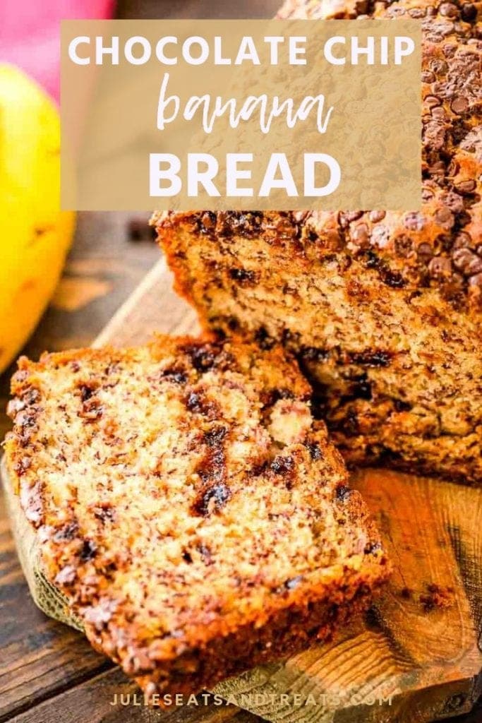 Chocolate chip banana bread on a cutting board with one slice cut off the end