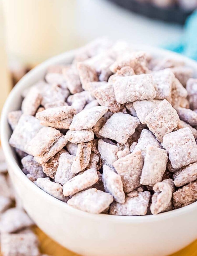 Muddy Buddies in white bowl