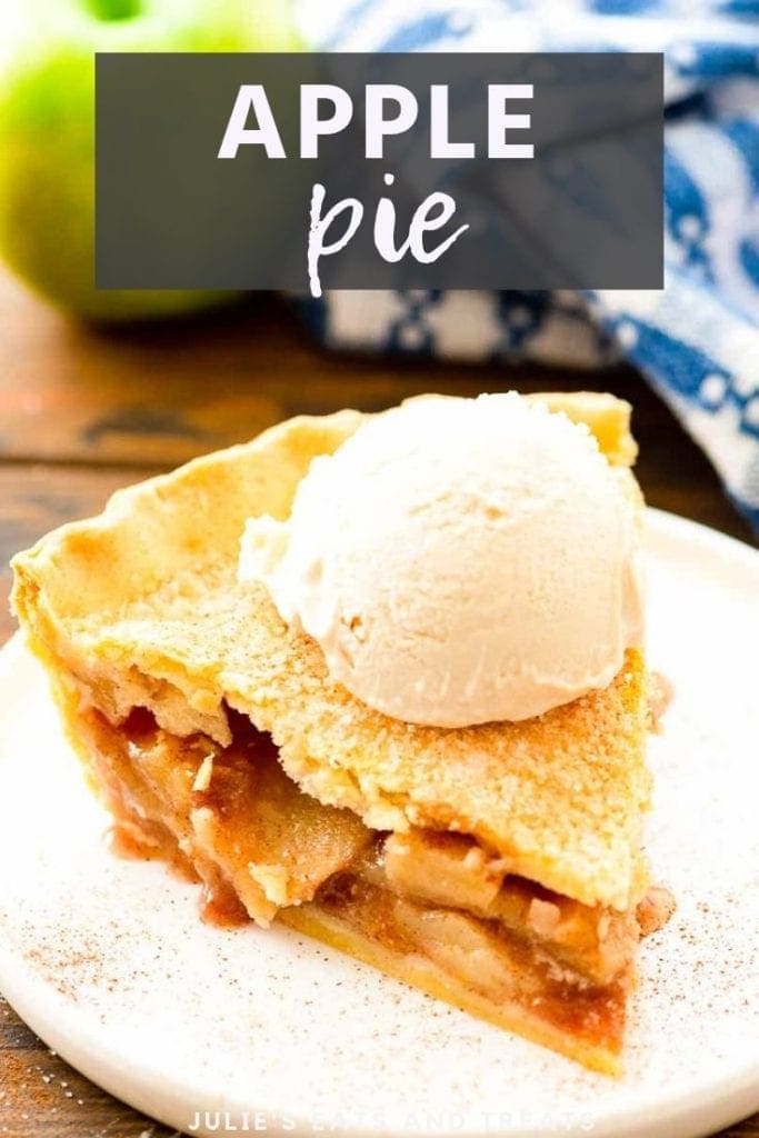 apple pie slice with a scoop of vanilla ice cream on top