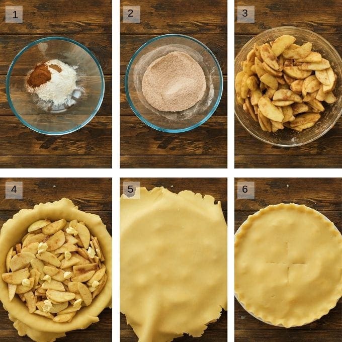 apple pie picture collage showing steps to preparing pie