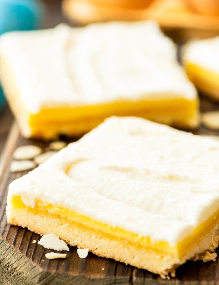 Almond bars on a wood cutting board