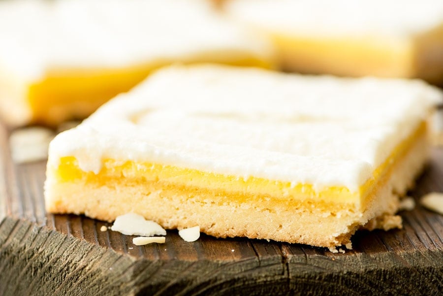 Bar with a shortbread crust, almond filling and frosting on top