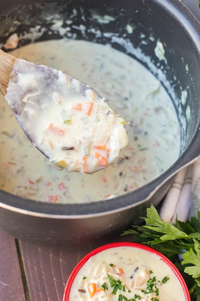 Spoon of creamy wild rice soup over a pot of it