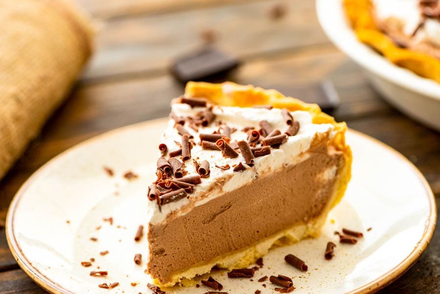 Piece of French Silk Pie on white plate