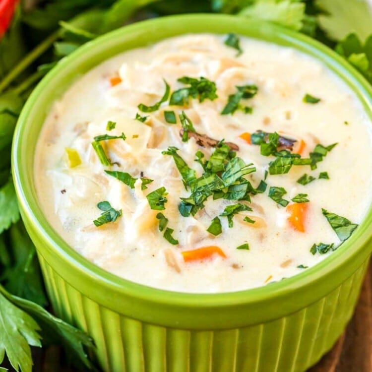 Green bowl of Wild Rice Soup