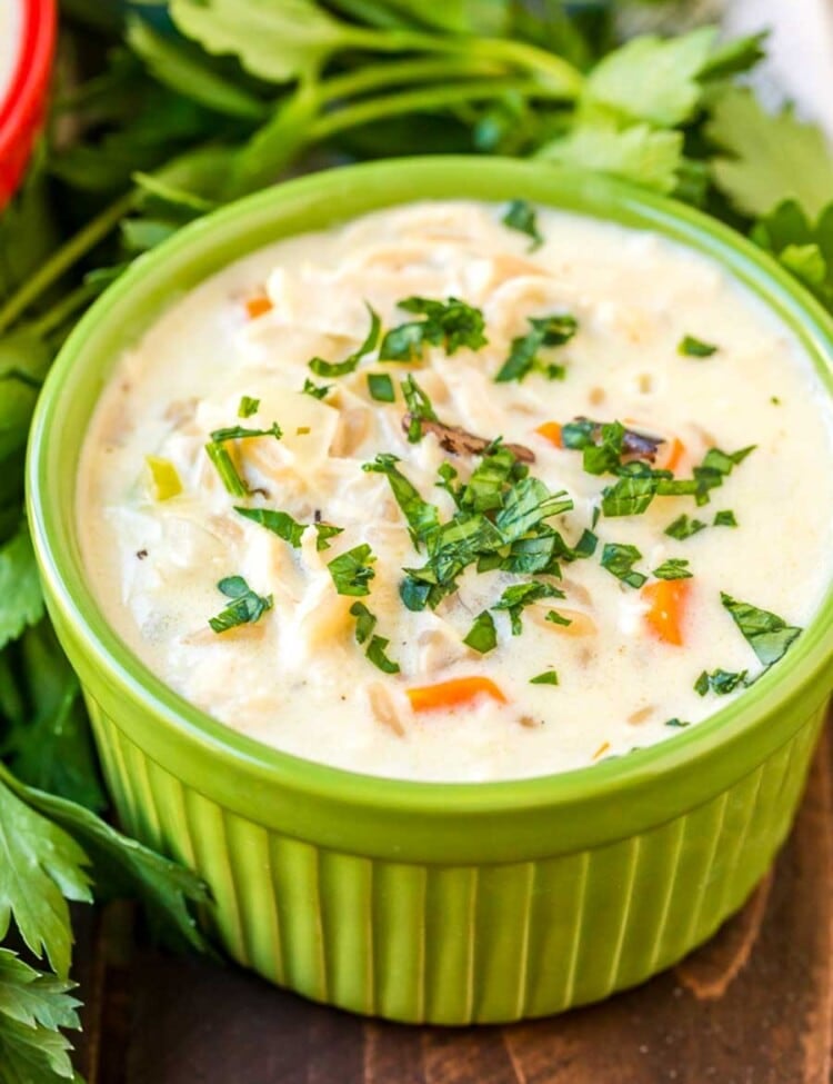 Green bowl of Wild Rice Soup