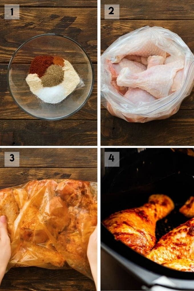 Four image collage of how to make air fryer chicken legs from mixing seasoning to coating chicken legs and cooking them