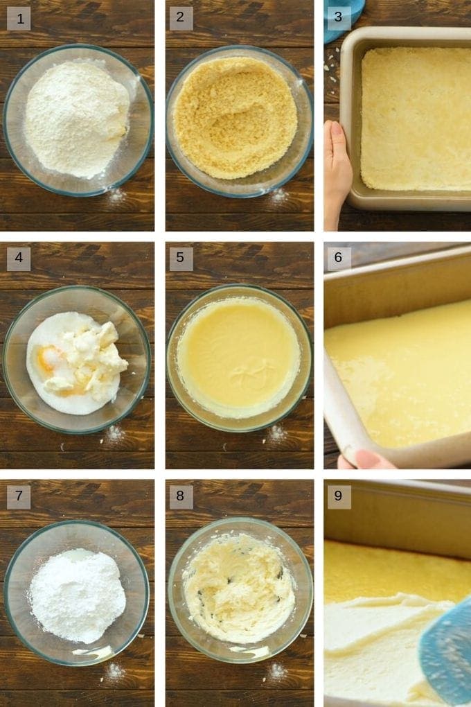 A collage of nine photos showing how to make homemade almond bars